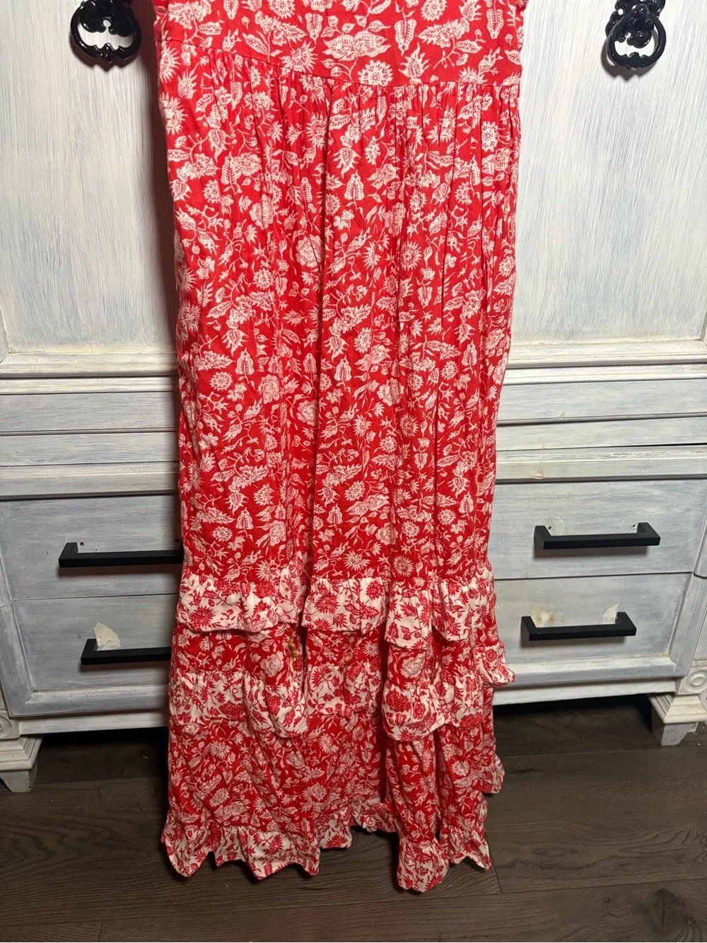 Red White Floral Ruffle Tiered Maxi Dress Ruffle Cottagecore Boho Effortless - Picture 4 of 6